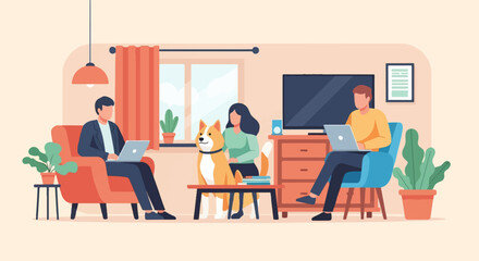 Two people and dog in living room, working on laptops