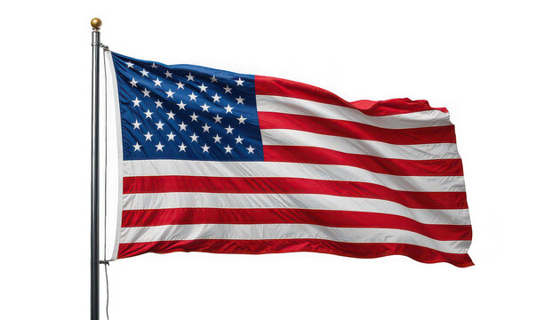 American flag waving on a pole with a white background symbolizing freedom and patriotism