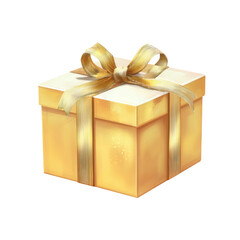 Obraz premium Golden gift box with ribbon and bow on transparent background present