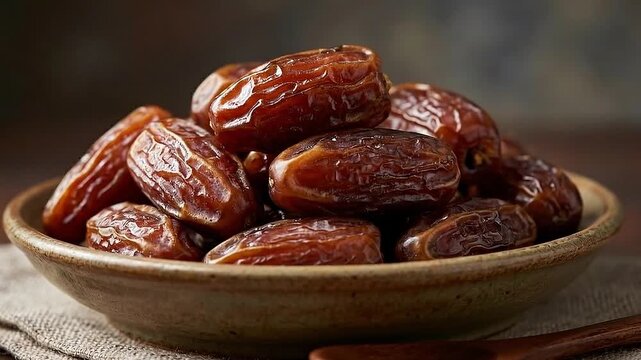 A bowl of dates sits on a table with chopsticks beside it, viewed from the side in a warm environment.