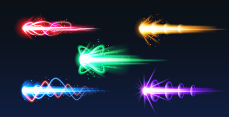 Fototapeta na wymiar Cartoon fire blast effect with energy trails and glowing beams, isolated vector illustrations on black. Game gun effect UI design elements, comic style laser weapon with dynamic action, vibrant colors