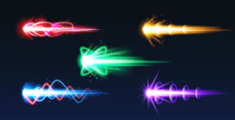 Fotobehang Karaktertjes Cartoon fire blast effect with energy trails and glowing beams, isolated vector illustrations on black. Game gun effect UI design elements, comic style laser weapon with dynamic action, vibrant colors  © klyaksun