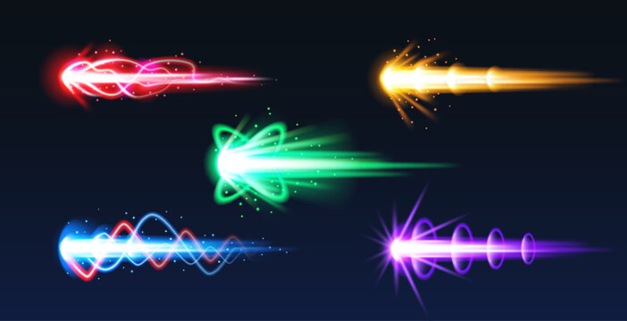 Cartoon fire blast effect with energy trails and glowing beams, isolated vector illustrations on black. Game gun effect UI design elements, comic style laser weapon with dynamic action, vibrant colors