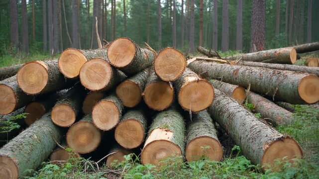Pile of logged timber in a forest