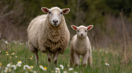 Obraz premium Sheep and lamb standing together in a green meadow with wildflowers, symbolizing motherhood, care and rural farm life in spring