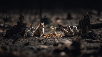 Wild Animals Gather Around a New Sapling in a Burned Forest, Symbolizing Hope. Forest Wildlife Surrounding Young Plant After Fire