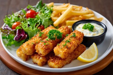 Fototapeta premium Fish sticks with fries, salad, lemon, and tartar dipping sauce