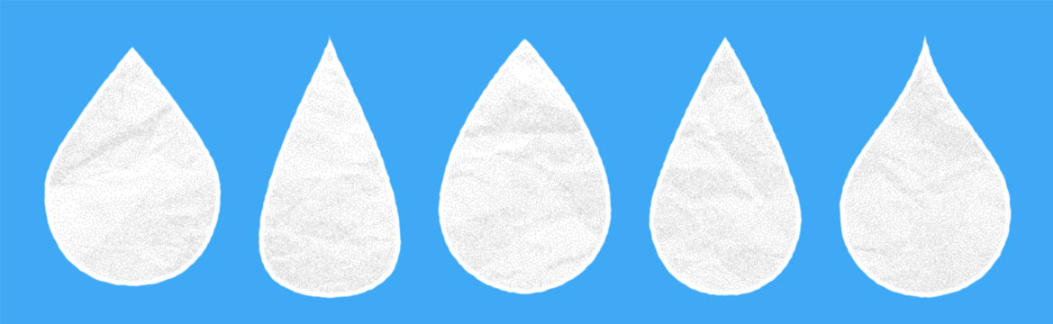 Water drop sticker set with crumpled paper texture. Cutout elements for collages and scrapbooking.