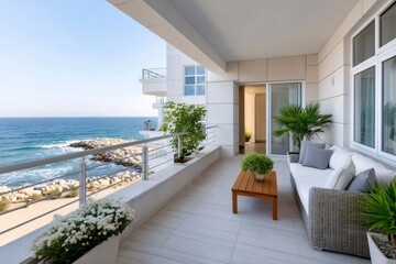 Fototapeta premium Beachfront apartment balcony with ocean view and outdoor furniture