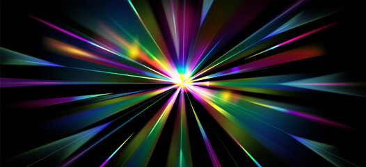 Fototapeta premium Rainbow light speed motion effect, starburst prism flare on black background abstract vector illustration. 3d explosion with holographic spectrum gradient, radial halo lines, glowing rays and beams