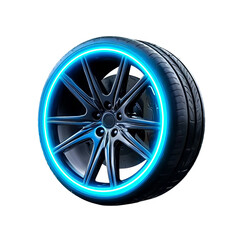 Fototapeta premium Car Wheel with Blue Neon Light Ring graphic image isolated on a transparent background