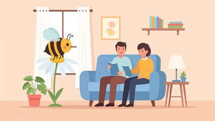 Fototapeta premium Two people read books on a sofa next to a window with a bee on a flower