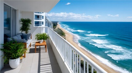 Fototapeta premium Luxury high-rise balcony offering beach ocean view