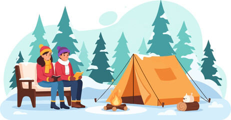 Fototapeta premium Two people reading by a campfire next to a tent in a snowy forest