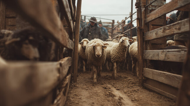 Sheep moving through a narrow wooden gate during farm handling in a rustic rural setting