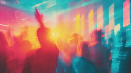 Crowd of people dancing with colorful lights at a night club