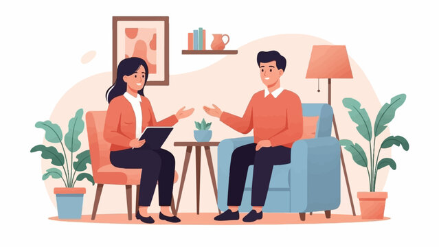 Two people talking in a cozy room with plants and a lamp
