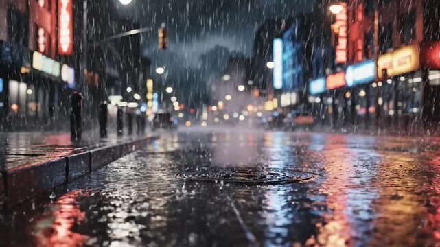 City street at night during heavy rain, neon lights reflecting on wet pavement