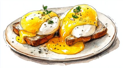 Delicious eggs benedict served on toast with creamy hollandaise sauce, watercolor illustration