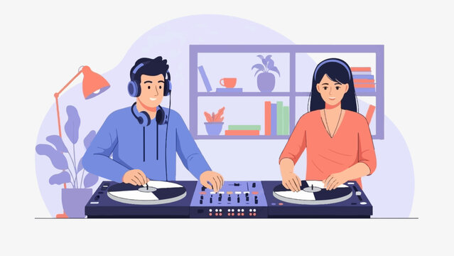 Two people with headphones behind DJ turntables in a room with a shelf