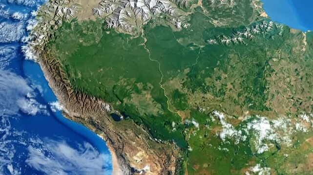 Detailed satellite view of South America, showcasing its diverse landscapes and geographical features.