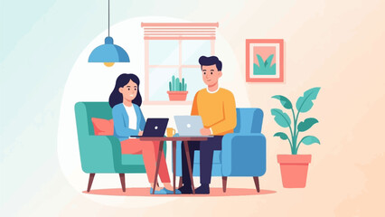 Fototapeta premium Two people work on laptops in a cozy living room with plants