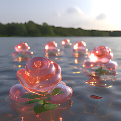 Glowing translucent roses float on a sunlit lake with a soft forest backdrop. Elegant surreal moment evoking peace and modern floral beauty.