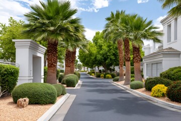 Obraz premium Palm trees lining a residential neighborhood street