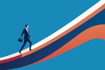 Businessman running up a ladder shaped like a red arrow symbolizing career growth success and leadership