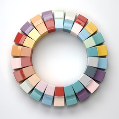 A vibrant and colorful circular arrangement of fabric swatches in various shades