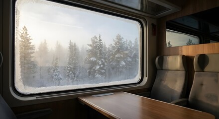 Obraz premium Cinematic view from a modern train window overlooking a snowy pine forest in morning mist. Minimalist interior with frost details and soft sunlight.