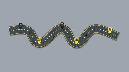 Winding Road with Location Pins on Gray Background, Navigation, Journey, Travel Concept © MD NUR MIA