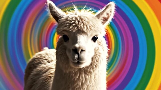 Alpaca in front of rainbow background.