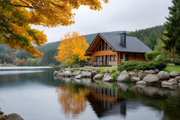 Obraz premium Log cabin on lake with vivid autumn foliage reflecting