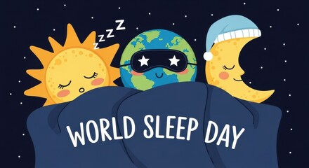 Fototapeta premium World Sleep Day illustration with sleeping sun, earth, and moon