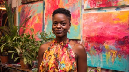 Fototapeta premium Woman stands among colorful artwork in an art studio during the day