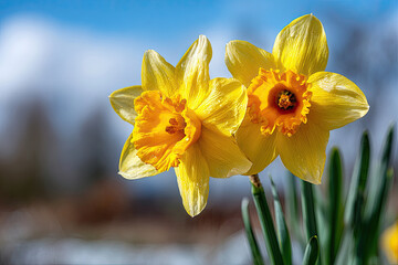 Fototapeta premium Fresh daffodils blooming in spring sunshine 