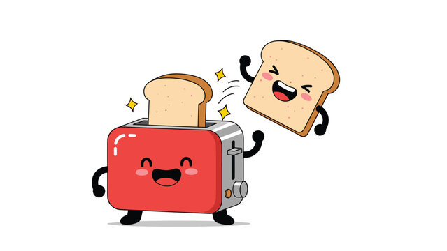 Cute cartoon illustration of a happy red toaster with two smiling slices of toast jumping out with joyful facial expressions.