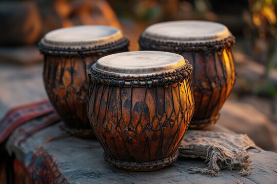 Realistic depiction of tablas displaying intricate woodwork and rich textures during sunset in an open-air location