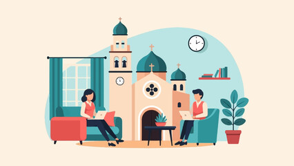 Naklejka premium Two people work on laptops in a living room with a church facade visible
