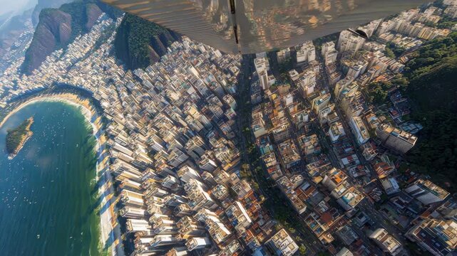 Aerial view of a coastal city, showcasing buildings, beach, and mountains under plane wing