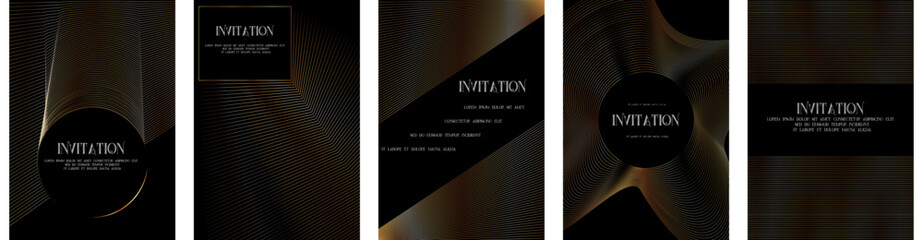 Golden Luxury invitation template card big set, Premium geometric figure wave gold frame typography design. Elegant background for advertising, gala card, grand opening, party invitation, layout © RomanWhale studio
