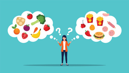 Young woman stands between two clouds of food options while making a difficult choice between healthy vegetables and unhealthy snacks.