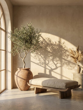 Minimalist interior with olive tree bench and arched window organic