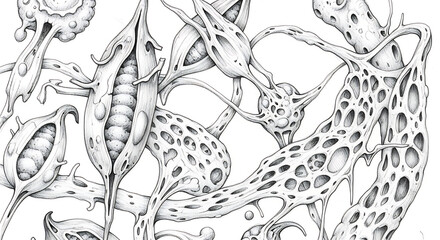Naklejka premium surreal organic pencil sketch art botanical cellular abstract forms