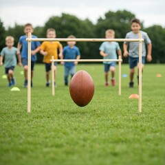 Obraz premium A leather rugby ball being kicked through makeshift goal posts on a grassy field, with children chasing in the blurred background, highlighting youthful recreation.