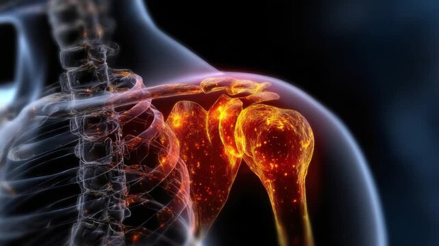 Shoulder Anatomy: A detailed, illuminated view of the human shoulder anatomy, showcasing the intricate structure of bones and joints, vital for medical and scientific contexts.