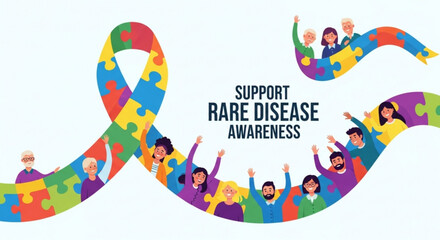 Colorful puzzle ribbon with diverse people supporting rare disease awareness campaign on white background