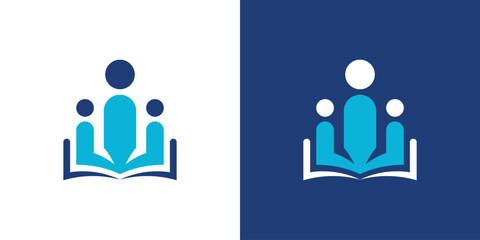 Dual meaning logo combining a book and people elements, symbolizing education, knowledge sharing, learning, and human-centered development.