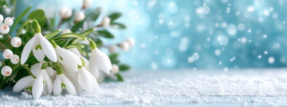 Snowdrop flowers burst forth, their pure white petals contrasting against a backdrop of soft snowflakes. This delightful scene captures the beauty of early spring in a peaceful, snowy setting
